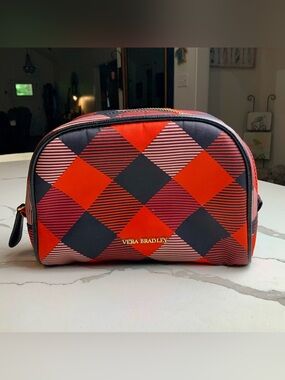 Vera Bradley Buffalo Plaid Cosmetic Makeup Bag Black Leather Trim